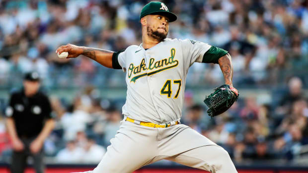 Jun 28, 2022; Bronx, New York, USA; Oakland Athletics starting pitcher Frankie Montas (47) pitches in the third inning against the New York Yankees at Yankee Stadium.